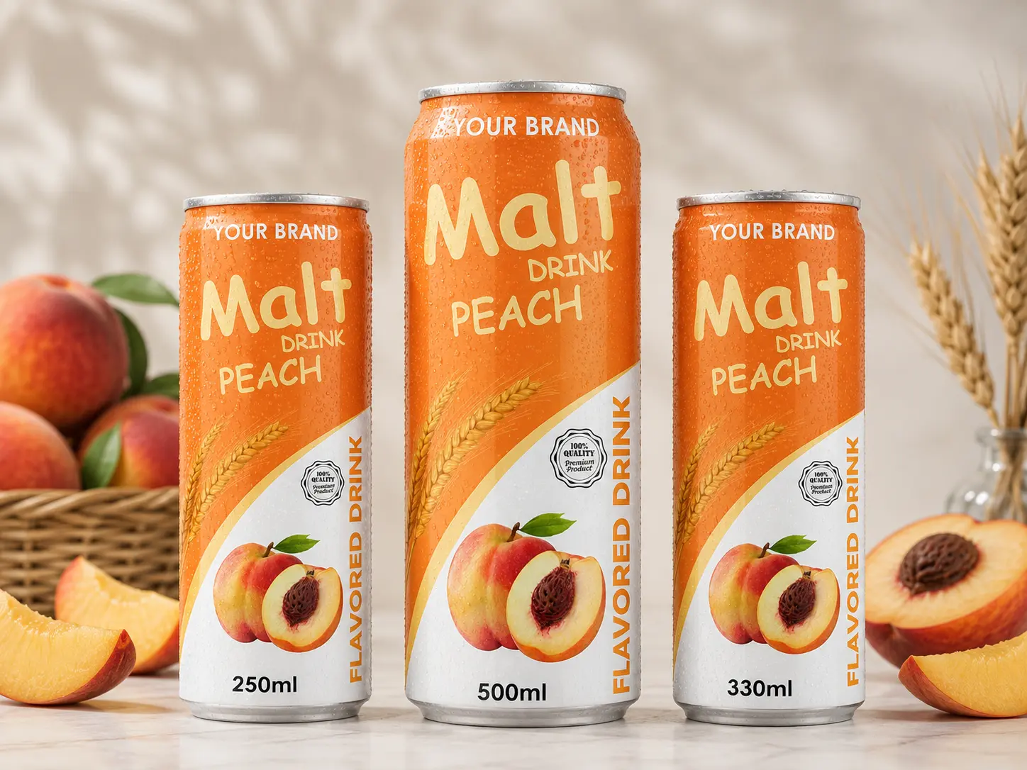 MALT DRINK Peach flavour in 250ml, 330ml and 500ml cans.